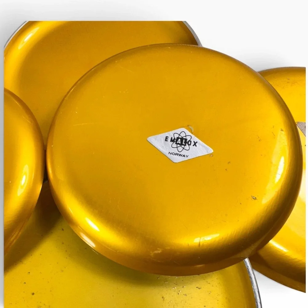 Vintage Emalox Norway Yellow Gold Anodized Aluminum Coasters Set of 7 MCM 4in
